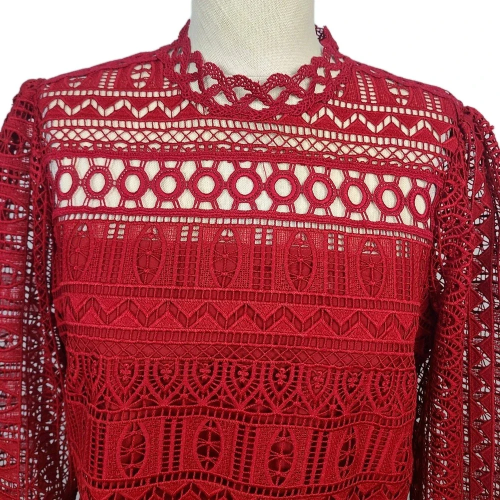 Moulinette Soeurs Anthropologie Red Crochet Lace Peplum Blouse Romantic Boho‎ 10